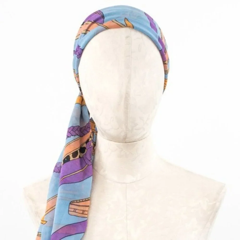 Vintage Scarf 80s 90s OS Silk Chiffon Fashion Graphic Print Blue - Picture 6 of 12